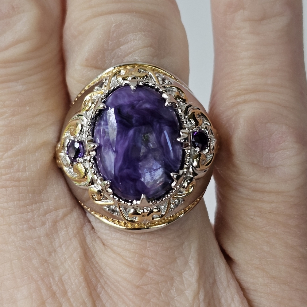 Genuine Charoite & Amethyst Ring Palladium Sterling Silver 18k YG Size 6.5! - Picture 9 of 9